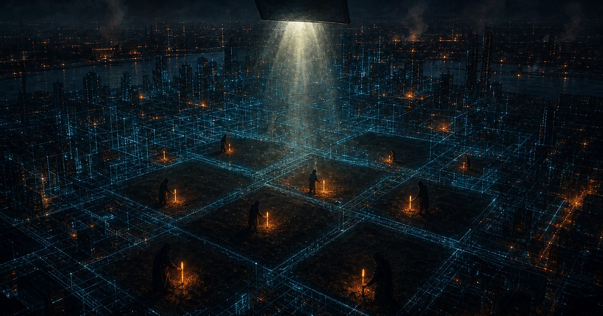 Dark cyberpunk illustration of a beam of light from a floating monitor pointing at empty plots in a glowing network city, where shadowed figures plant orange claim-stakes on the vacant ground.