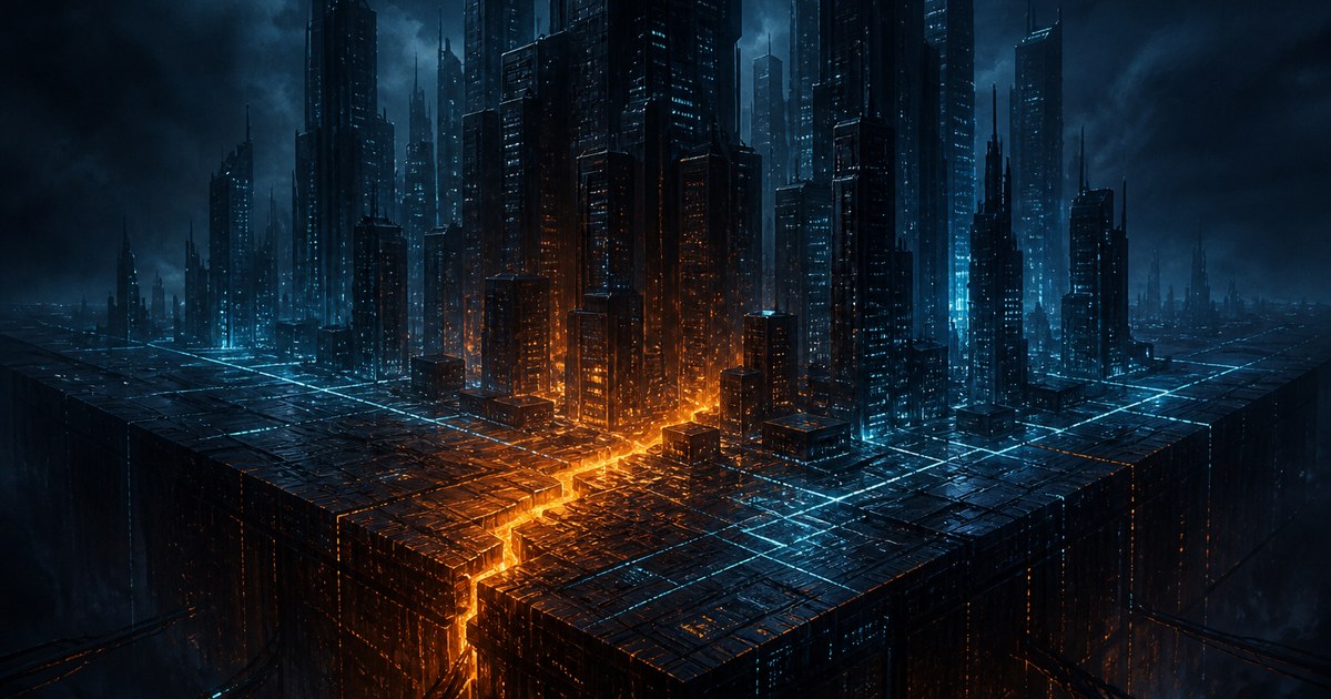 Dark cyberpunk illustration of a night city of glass towers standing on one vast circuit-like foundation slab, with a jagged orange fracture splitting the slab and light leaking up into the base of the towers while cyan data lines keep running across the rest of it.