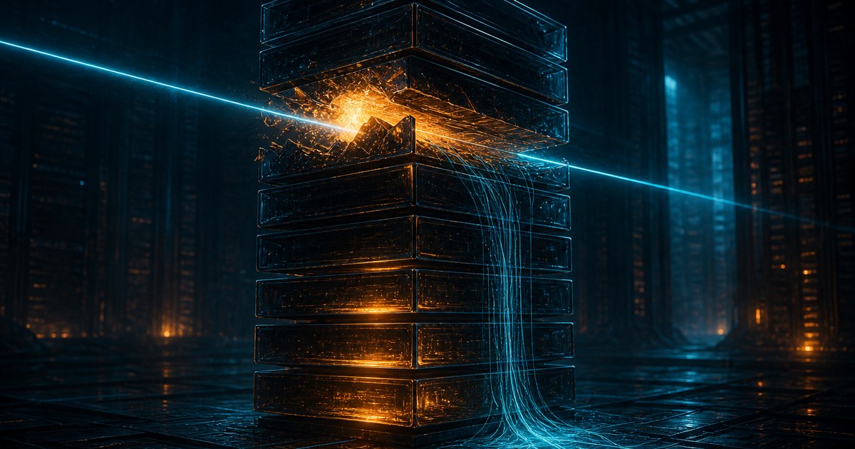 Dark cyberpunk illustration of a tall stack of black glass slabs in a cold server room, one slab near the top blown open with orange light, cyan data filaments spilling down to the floor grid while a thin cyan beam passes straight through the breach.