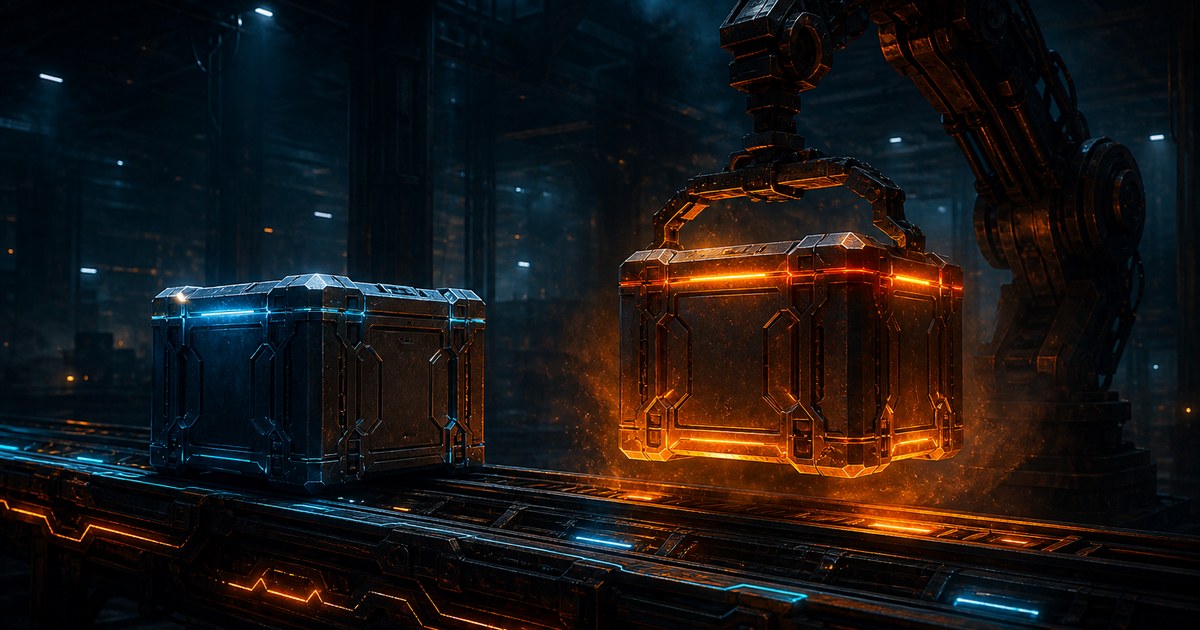 Dark cyberpunk illustration of two identical sealed metal crates on a night-time conveyor line, one lifted by a robotic arm and glowing orange from inside through its seams while the other sits cold under cyan light.