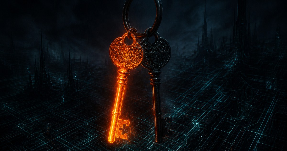Dark cyberpunk illustration of two identical keys on one steel ring suspended over an unlit cyan circuit grid, one key glowing amber and the other cold and dark.