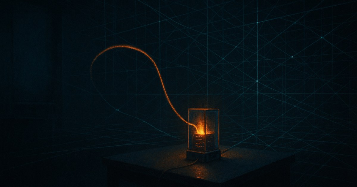 Dark cyberpunk illustration of a small glass server module glowing on a desk with a looping amber light trail redirecting one of its cyan network connections back on itself.