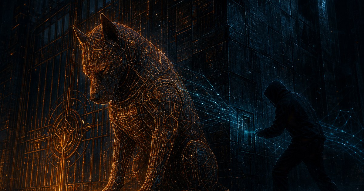 Dark cyberpunk illustration of a sentry guard dog built from orange circuitry asleep at a fortified gate while a shadow slips a glowing key into a hidden side door, cyan data streams behind.
