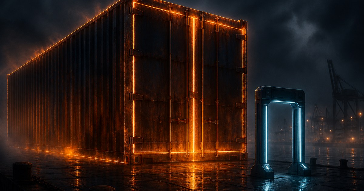 Dark cyberpunk illustration of an enormous freight container glowing amber from within at night, towering over a narrow cyan-lit inspection archway it cannot pass through.