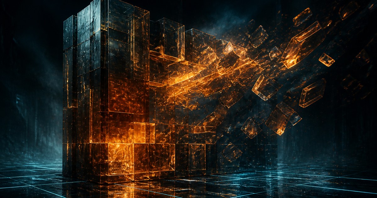 Dark cyberpunk illustration of a monolith of glowing amber glass blocks in a night-time void, its broken shards suspended in mid-air and drifting back toward the structure to rebuild it, above a faint cyan grid.