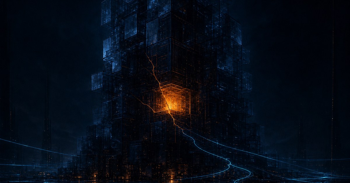Dark cyberpunk illustration of a monolithic glass-cube server tower at night, one interior cube glowing orange from within as amber light leaks out through a cracked seam, cyan data traces threading the darkness around it.