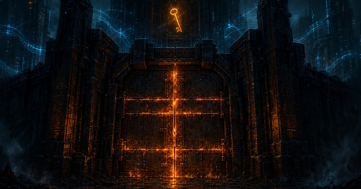 Dark cyberpunk illustration of a stone server keep at night, its front gate freshly welded shut in orange light while a duplicate glowing amber key drifts in the shadows behind the wall, cyan data traces threading through the dark.