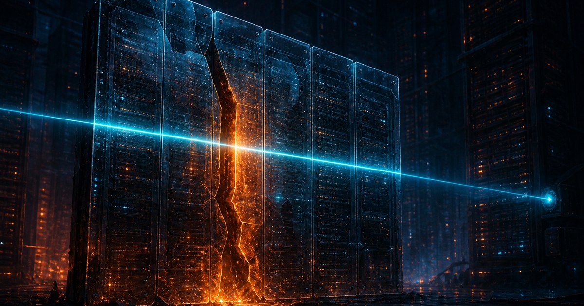 Dark cyberpunk editorial illustration of a glass shield made of layered server panels with a hidden seam splitting open from within, amber light leaking through the crack while a thin cyan security-scan beam sweeps past without noticing it, faint geometric window-pane grid in the background.
