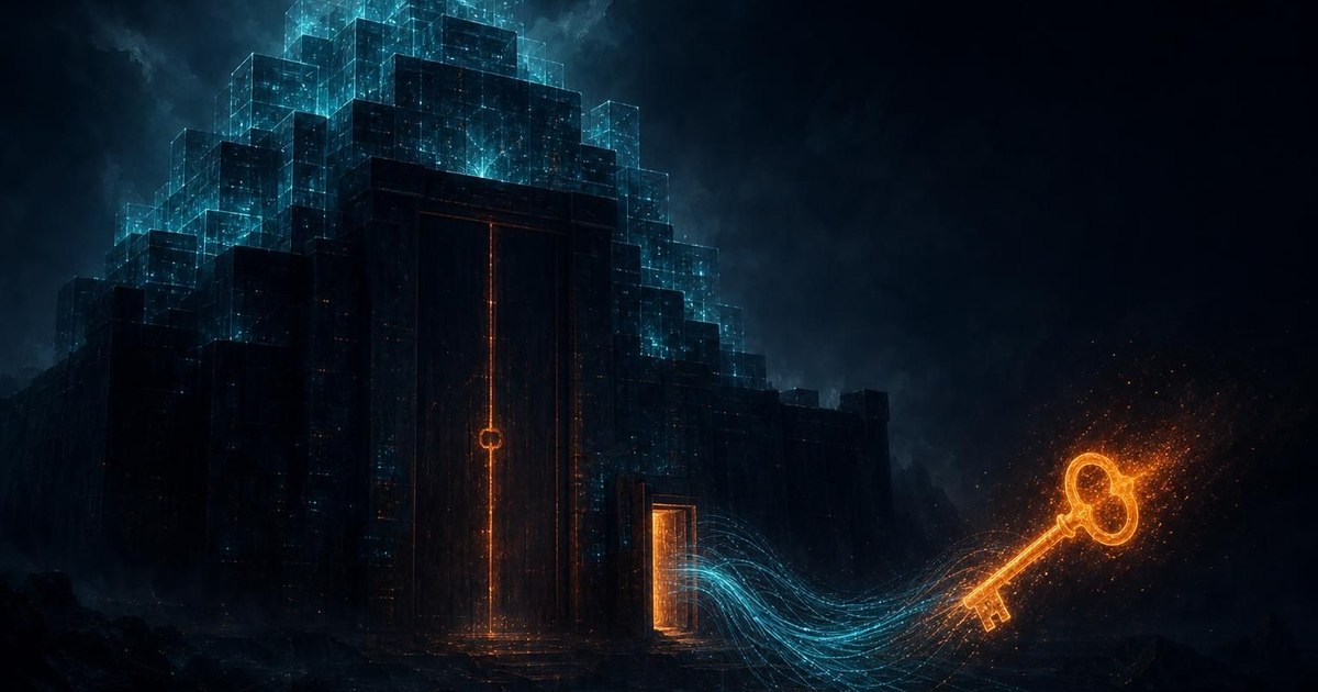 Dark cyberpunk illustration of a glowing orange skeleton key slipping through an open side gate into a fortress built of stacked glass data cubes, with cyan data streams draining out into the night.