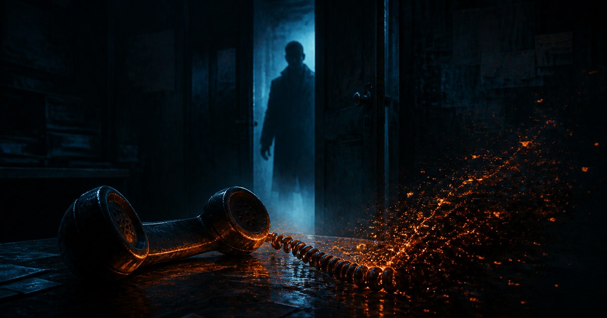 Dark cyberpunk illustration of a phone receiver dissolving into orange embers beside an office door cracked open with a faint silhouette stepping through, thin cyan data-trace lines radiating into the darkness