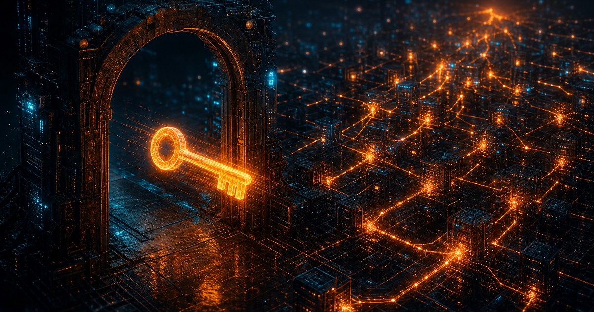 Dark cyberpunk illustration of a counterfeit key made of light passing unchecked through a glowing identity gate into a lattice of remote endpoints, orange and cyan over near-black.