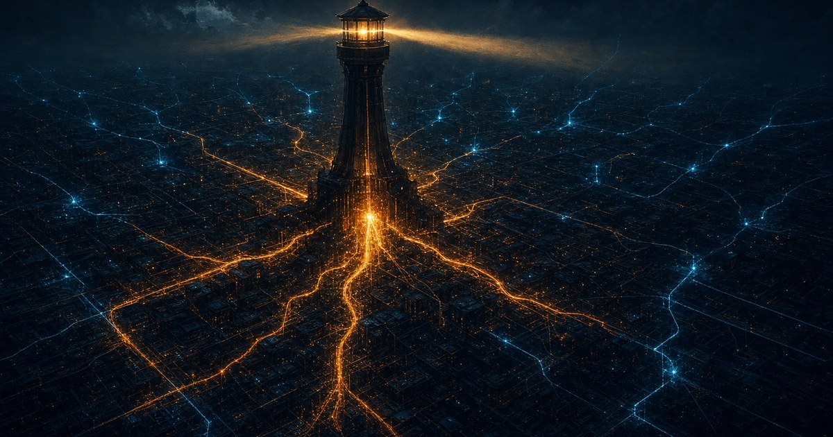 Dark cyberpunk illustration of a single lit watchtower over a sprawling night city grid, with amber data streams converging into one vault of light and cyan network traces fanning outward.