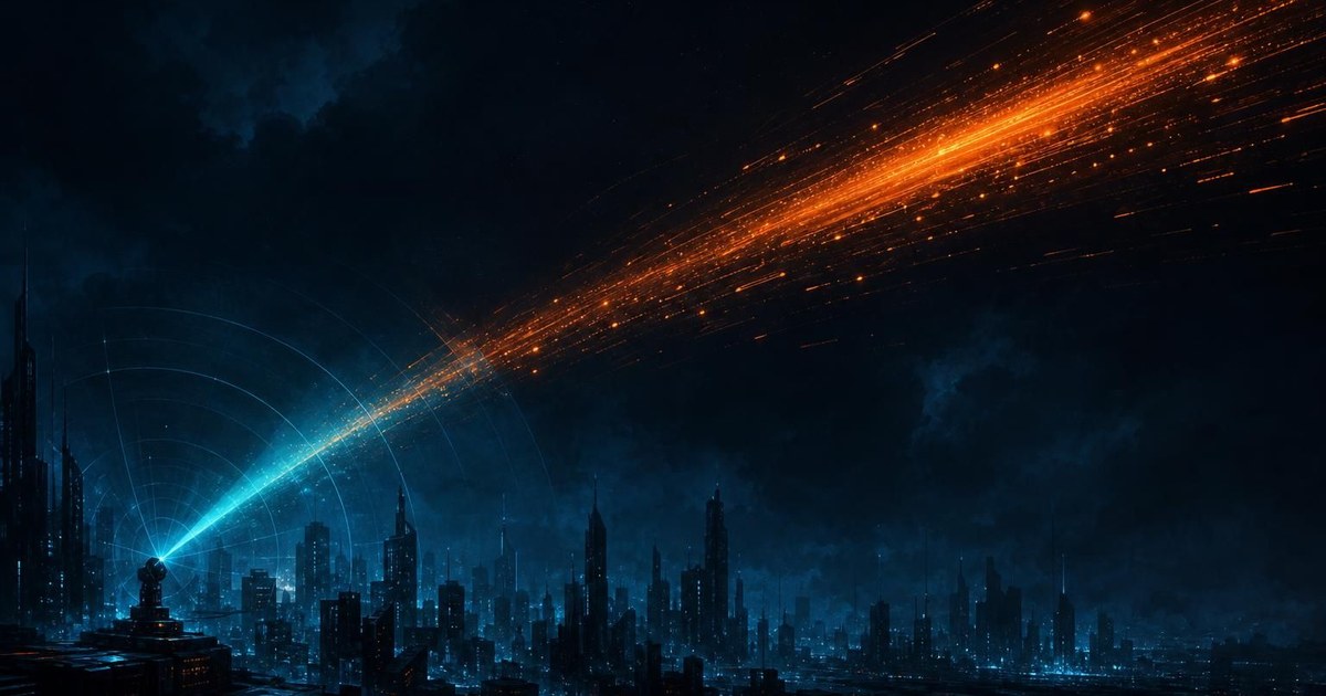Dark cyberpunk illustration of a glowing orange data stream racing ahead of a slow cyan radar sweep over a night city skyline.