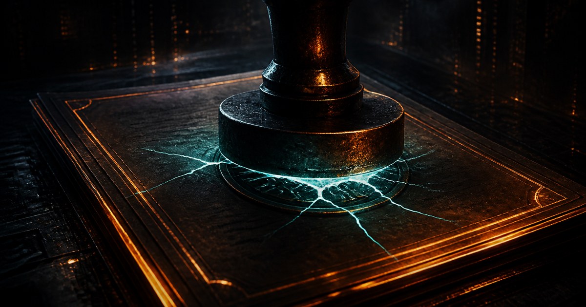 Dark editorial illustration of a metal rubber stamp pressing down on a glowing sealed document, hairline cracks of light escaping where the seal fails to meet the page.