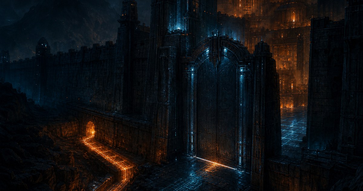 Dark cyberpunk illustration of a fortified gateway tower at night with a hidden side tunnel glowing orange that bypasses the shut main gate into the lit interior.