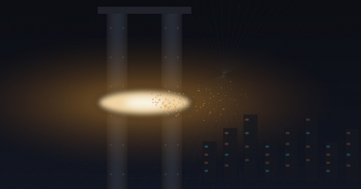 Dark cyberpunk illustration of a steel perimeter gate at night with a single beam of orange light breaching straight through its center, embers spilling into a dark server hall beyond, thin cyan grid lines tracing a network across the darkness