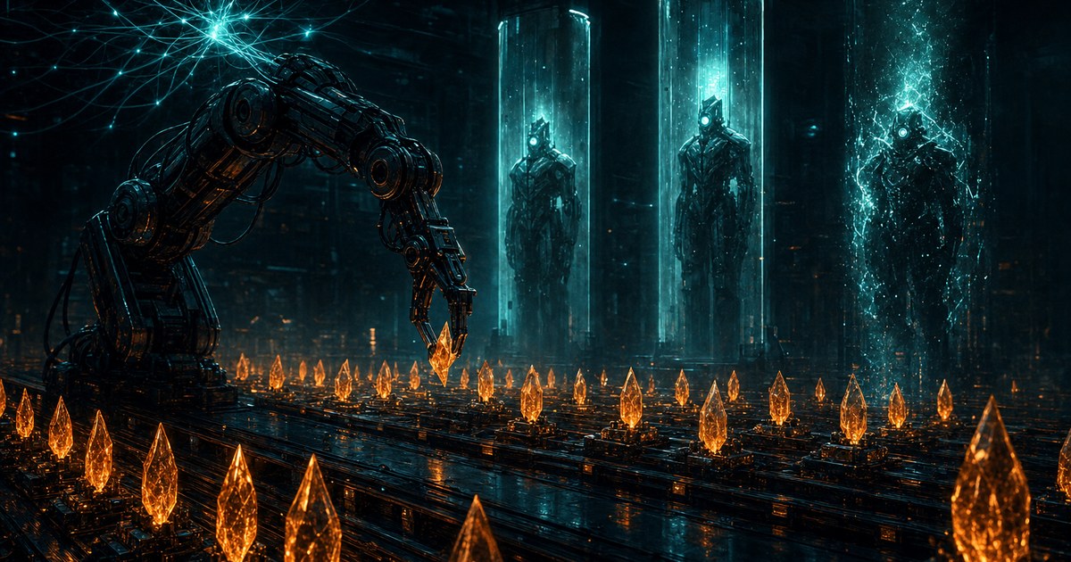 Dark cyberpunk illustration of a robotic arm assembling glowing orange shards on a conveyor inside a shadowed lab, with three shielded sentry towers being slipped past in the cyan-lit background.