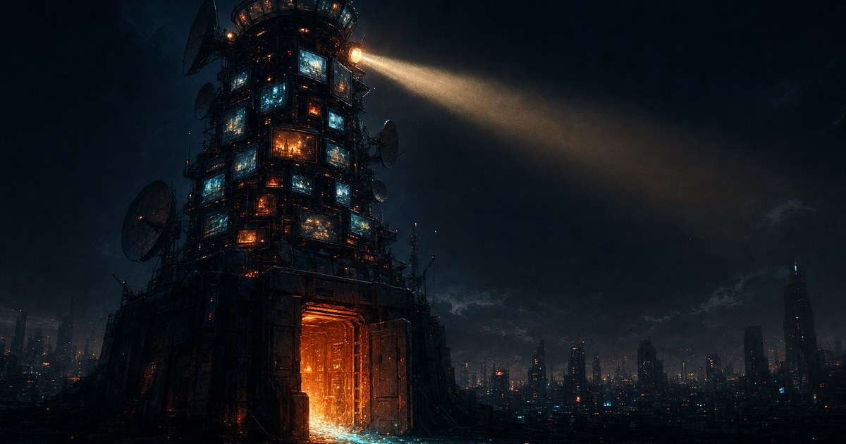 Dark cyberpunk illustration of a tall watchtower built from glowing monitor screens scanning a night city, its own foundation door cracked open with orange light and a thin cyan data stream leaking out.