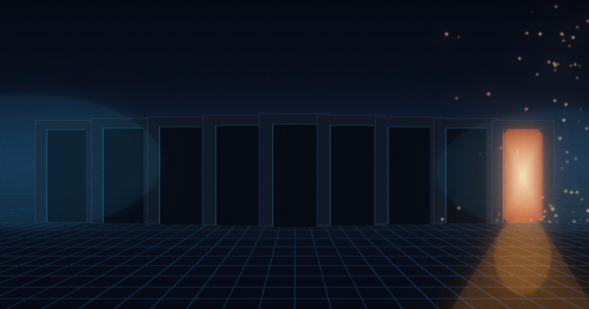Dark cyberpunk illustration of nine tall doorways receding across a glowing cyan grid at night, eight of them dark and one at the right edge burning amber, casting a long orange reflection across the floor with embers drifting above it.