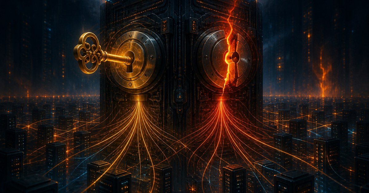 Dark cyberpunk illustration of a glowing amber wrench sealing a cracked control panel while a second crack, glowing red, opens beside it and spreads threads of light toward a distant grid of server racks