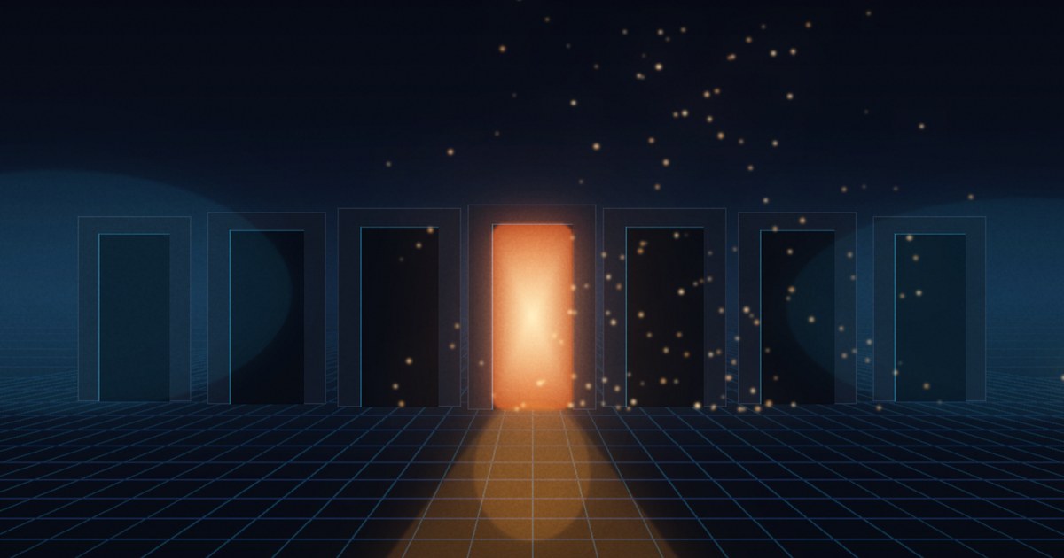 Dark cyberpunk illustration of a row of identical empty doorframes on a night street, one of them glowing orange from inside with embers spilling across a cyan wireframe ground.