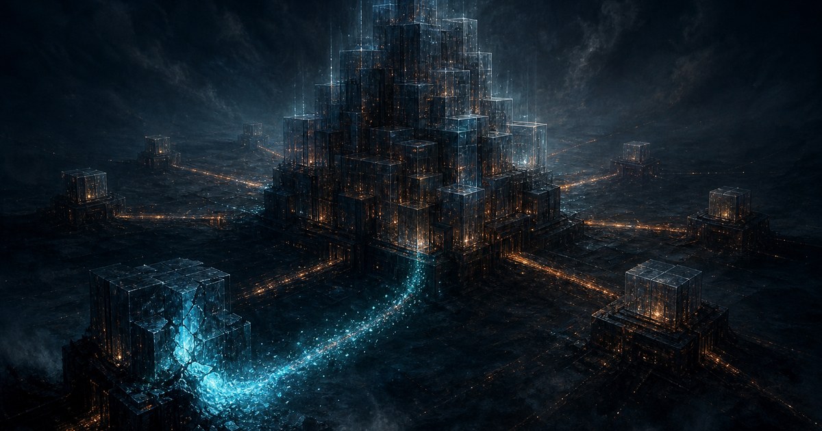 Dark cyberpunk illustration of a fortress built from stacked glass data cubes at night, tethered by glowing orange supply lines to smaller outbuildings, with one outbuilding cracked open and cyan data draining back along the line toward the fortress.