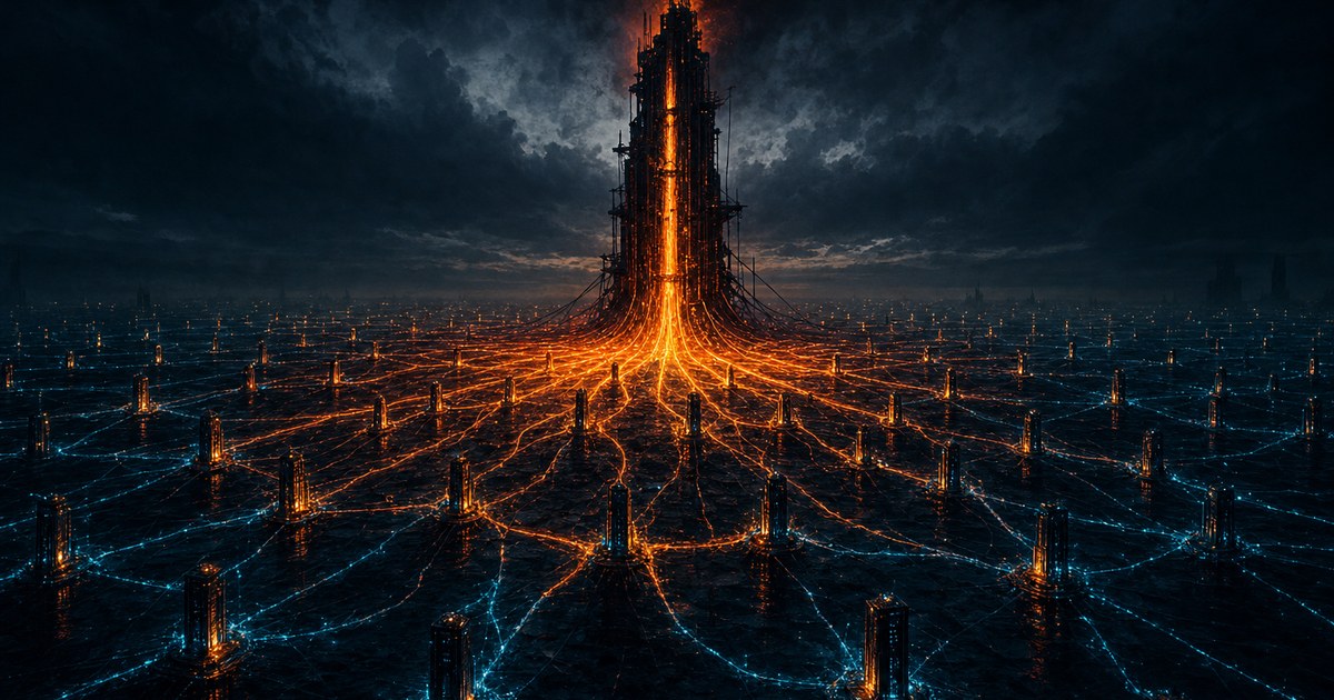 Dark cyberpunk illustration of a central control-tower monolith at night radiating corrupted amber light outward along cyan distribution lines to a fanned-out grid of smaller endpoint obelisks, symbolizing a poisoned management server pushing code to every protected endpoint.