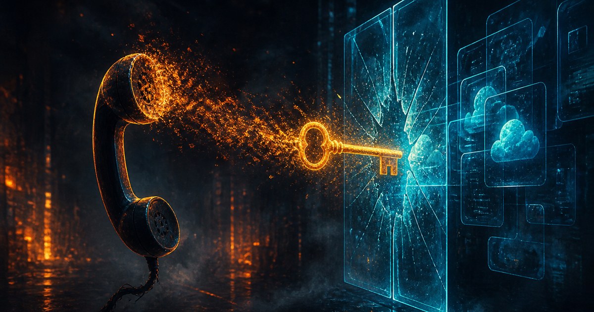 Dark cyberpunk illustration of an old phone receiver dissolving into orange embers that reform into a glowing key passing through a cracked cyan single-sign-on gateway
