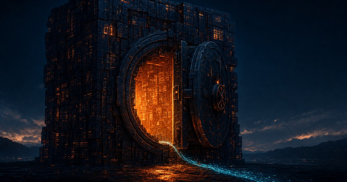 Dark cyberpunk illustration of a fortified vault of glowing data blocks at night, its side door cracked open with orange light spilling out while a thin cyan thread siphons data away into the darkness.