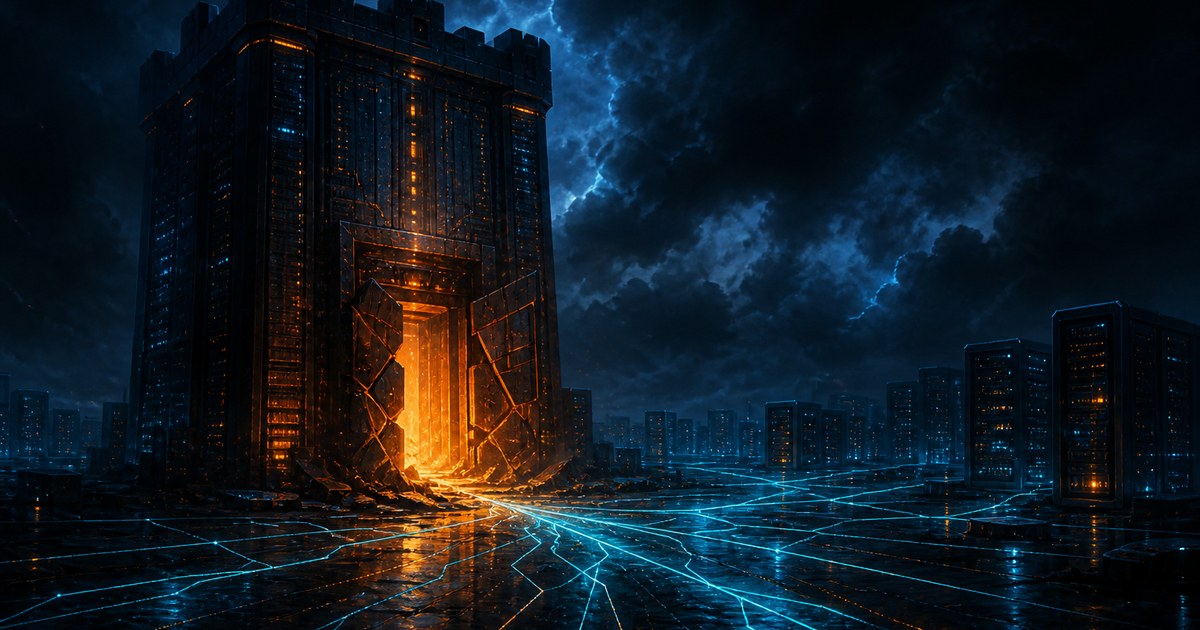 Dark cyberpunk illustration of a glass server tower with its front gate cracked open and amber light spilling out across a spreading lattice of cyan network connections in a night data center.