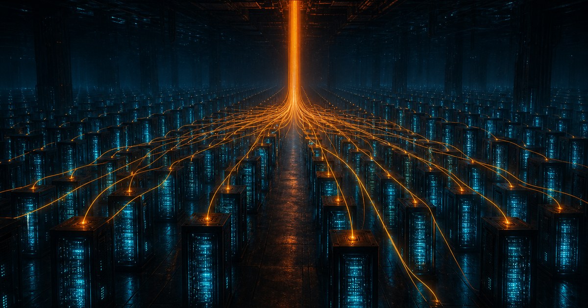 Dark cyberpunk illustration of a single glowing amber conduit branching into dozens of identical cyan-lit cabinets across an unlit underground hall.