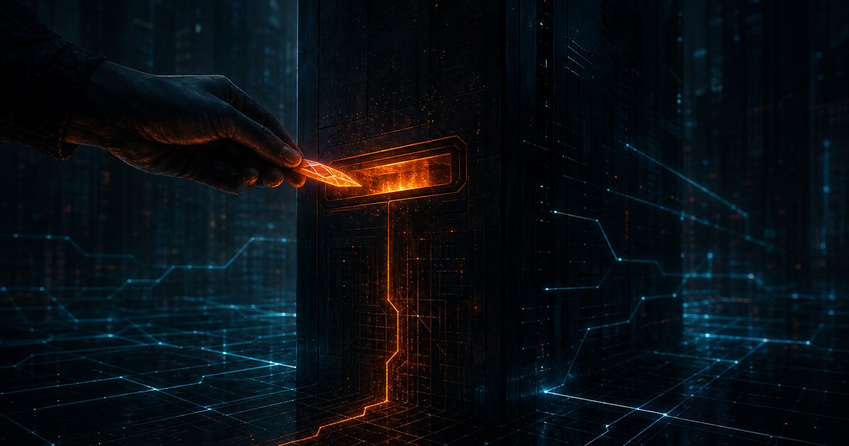 Dark cyberpunk illustration of a shadowed server rack with one intake slot glowing orange while a faint hand slips a glowing shard through it, cyan data traces around it.