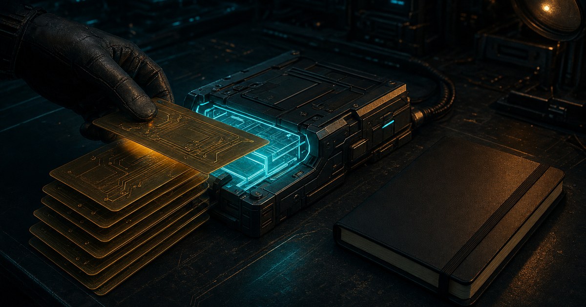 Dark cyberpunk editorial illustration of thin amber metal skill plates sliding into a glowing cyan chassis on a charcoal workbench, a closed notebook beside it, faint lab racks in the background, no text.