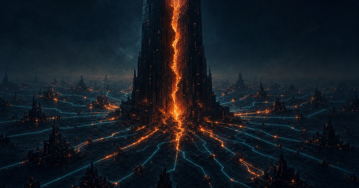 Dark cyberpunk illustration of a single glowing central obelisk cracked open and bleeding orange light, with cyan network traces fanning out to many small darkened buildings as the corruption begins to spread along them.