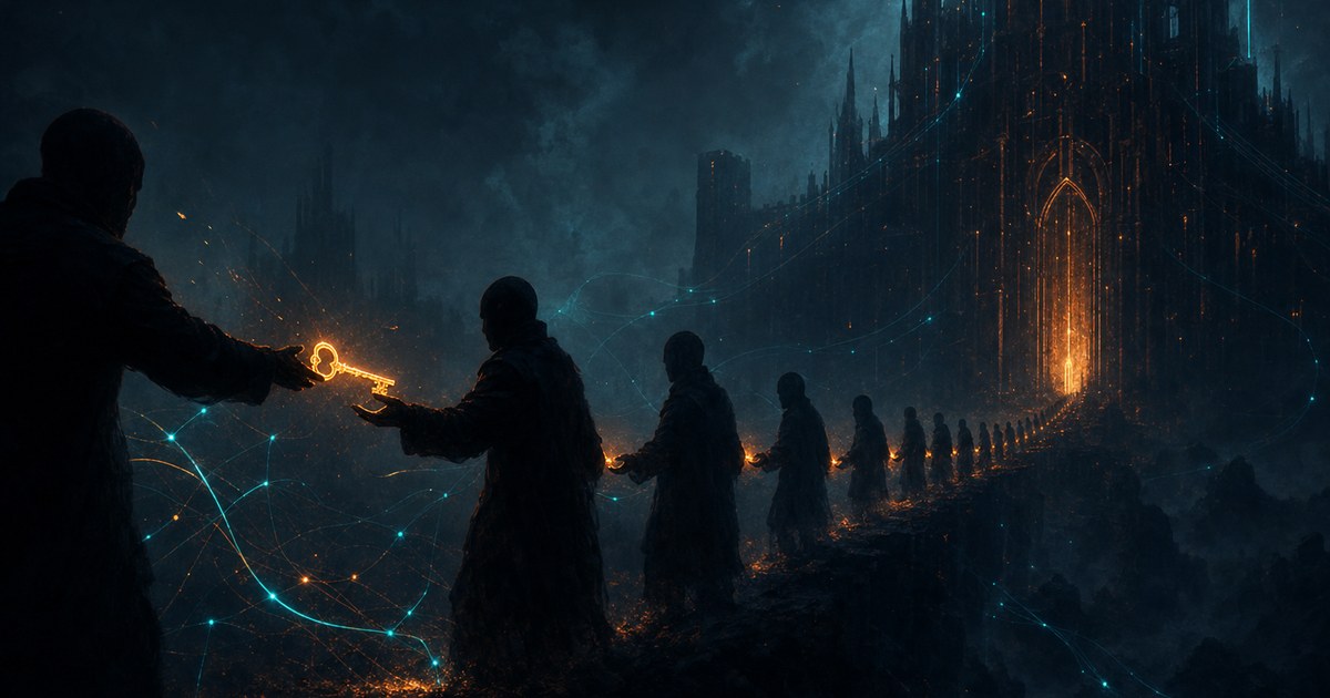 Dark cyberpunk illustration of a single glowing orange key being passed hand to hand along a chain of shadowed figures toward a fortified citadel, with cyan network traces threading between them.