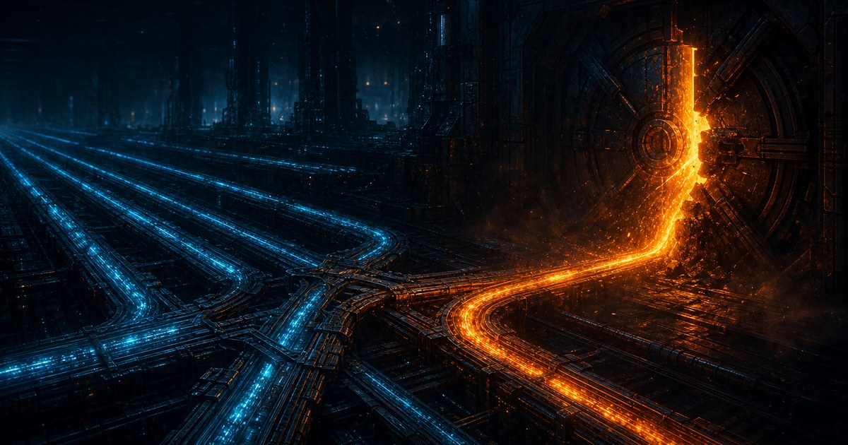 Dark cyberpunk illustration of a data switchyard at night: cyan light-streams on rails, one misaligned junction diverting a stream onto the wrong track that glows orange and forces open a sealed gate.