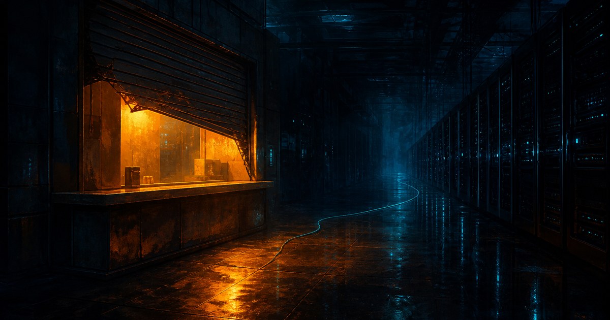Dark cyberpunk illustration of an unattended service counter at night, its metal shutter buckled open with amber light spilling across a wet floor, and a thin cyan line running from the counter into a dark corridor of server racks.