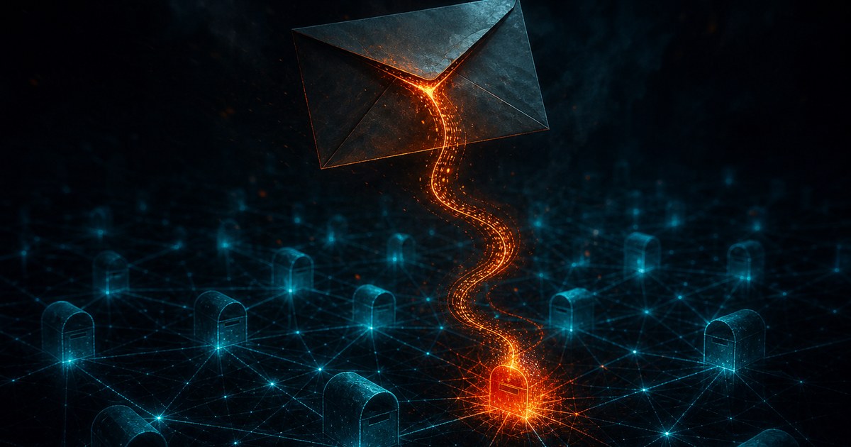 Dark cyberpunk illustration of a sealed envelope splitting open at night, a thin thread of orange code unspooling from it into a glowing cyan lattice of mailbox nodes.